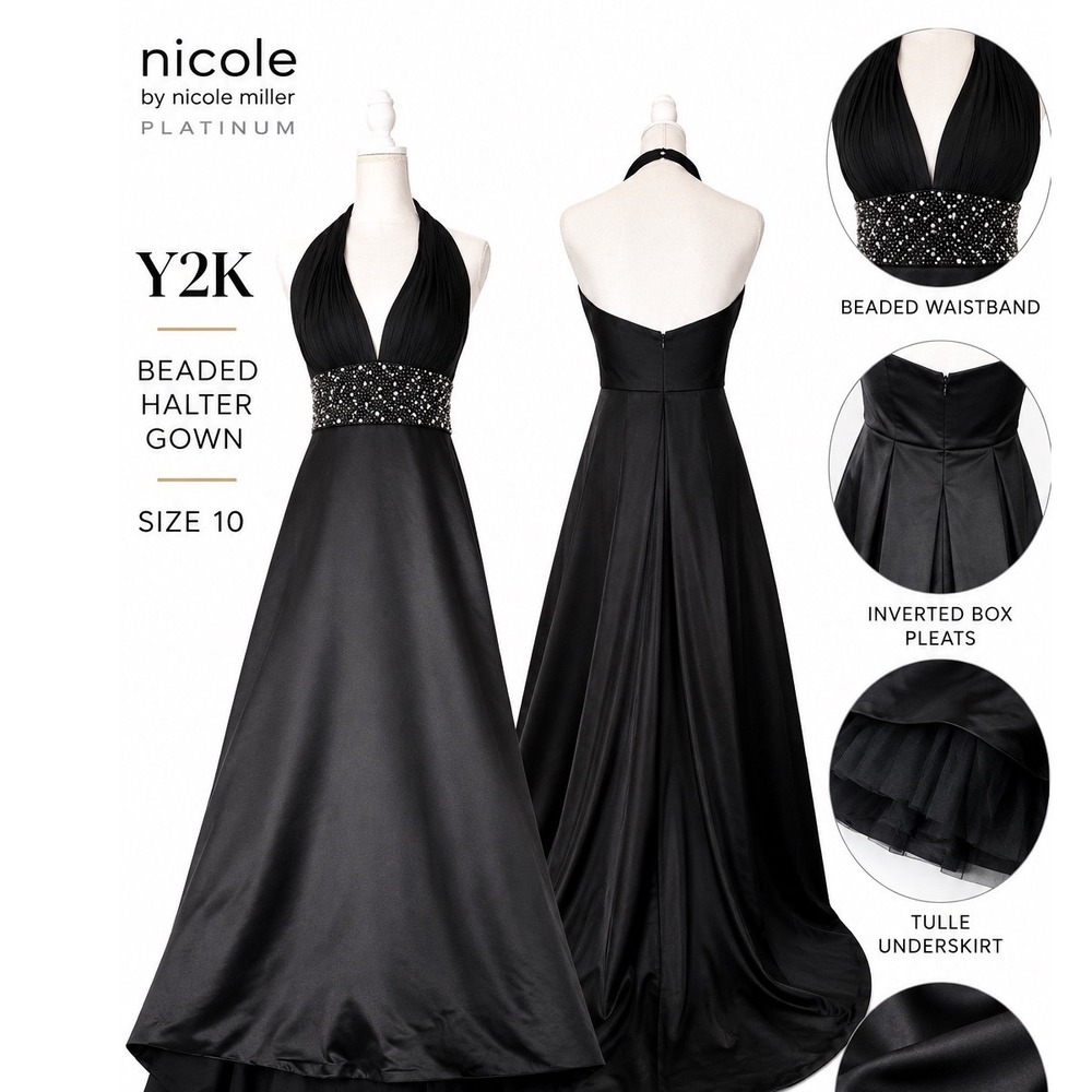 Y2K Nicole Miller Black Beaded Halter Evening Gown Maxi Formal Dress‎ 10 Gala